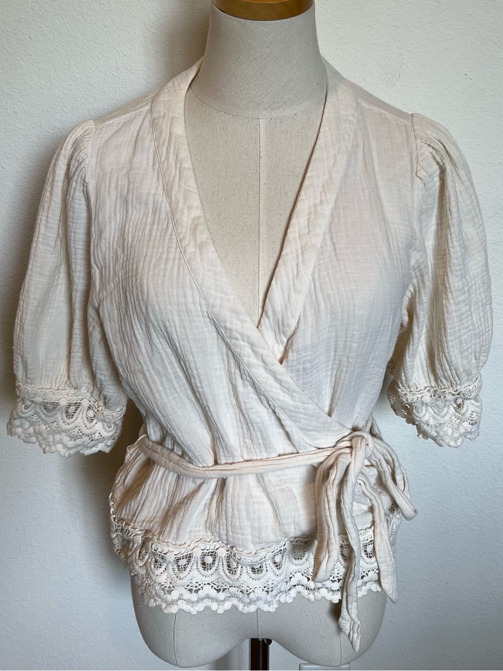 Express Cream Gauze Wrap Top with Tie Waist